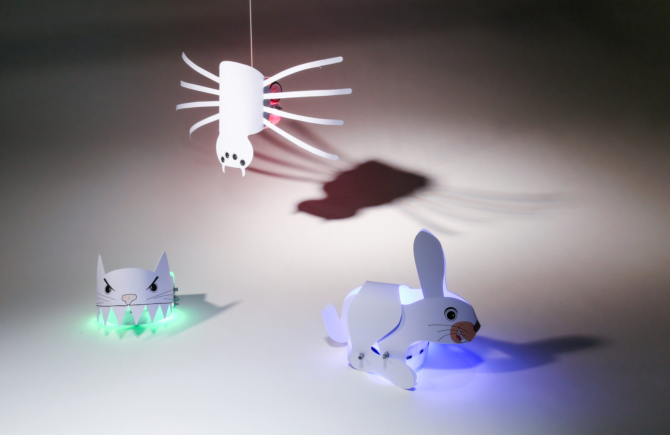 3 Thymio robots disguised as a spider, a rabbit and a cat