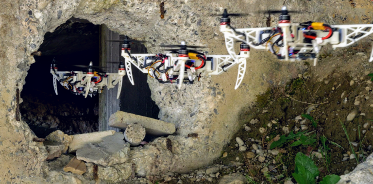 A drone entering through a whole in a stone wall